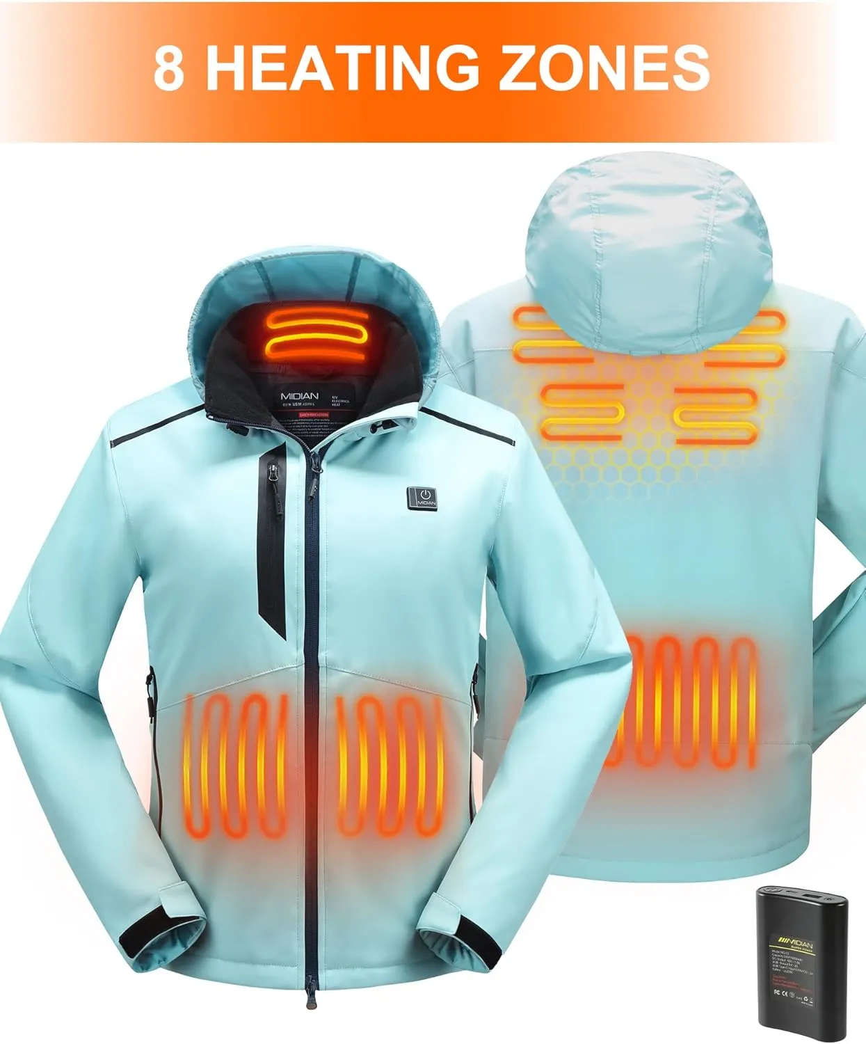 MIDIAN Heated Jacket for Women with Battery Pack Down Insulation 8 Heat Zones Soft Shell Foldable Hood Overheat Protection