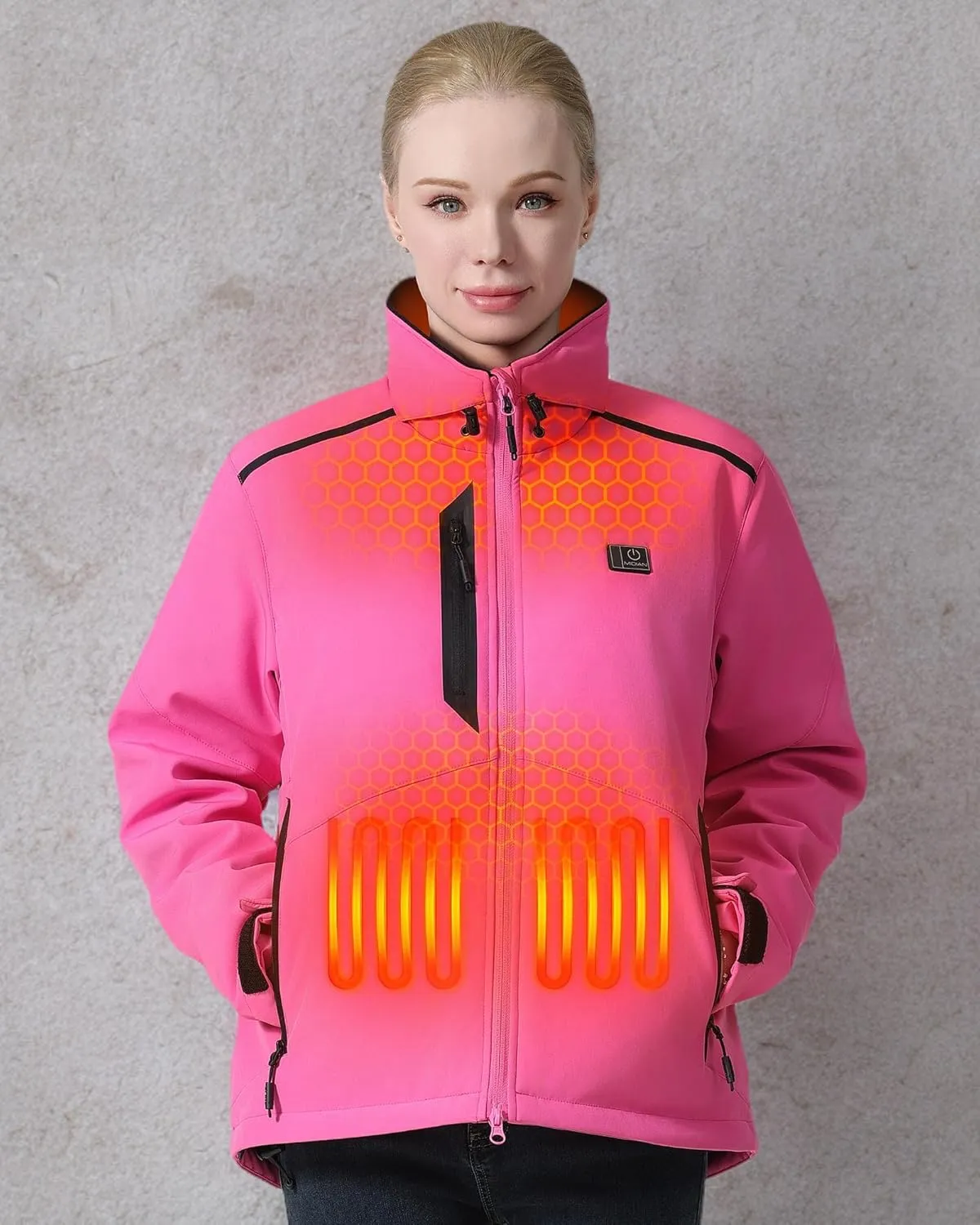 MIDIAN Heated Jacket for Women with Battery Pack Down Insulation 8 Heat Zones Soft Shell Foldable Hood Overheat Protection