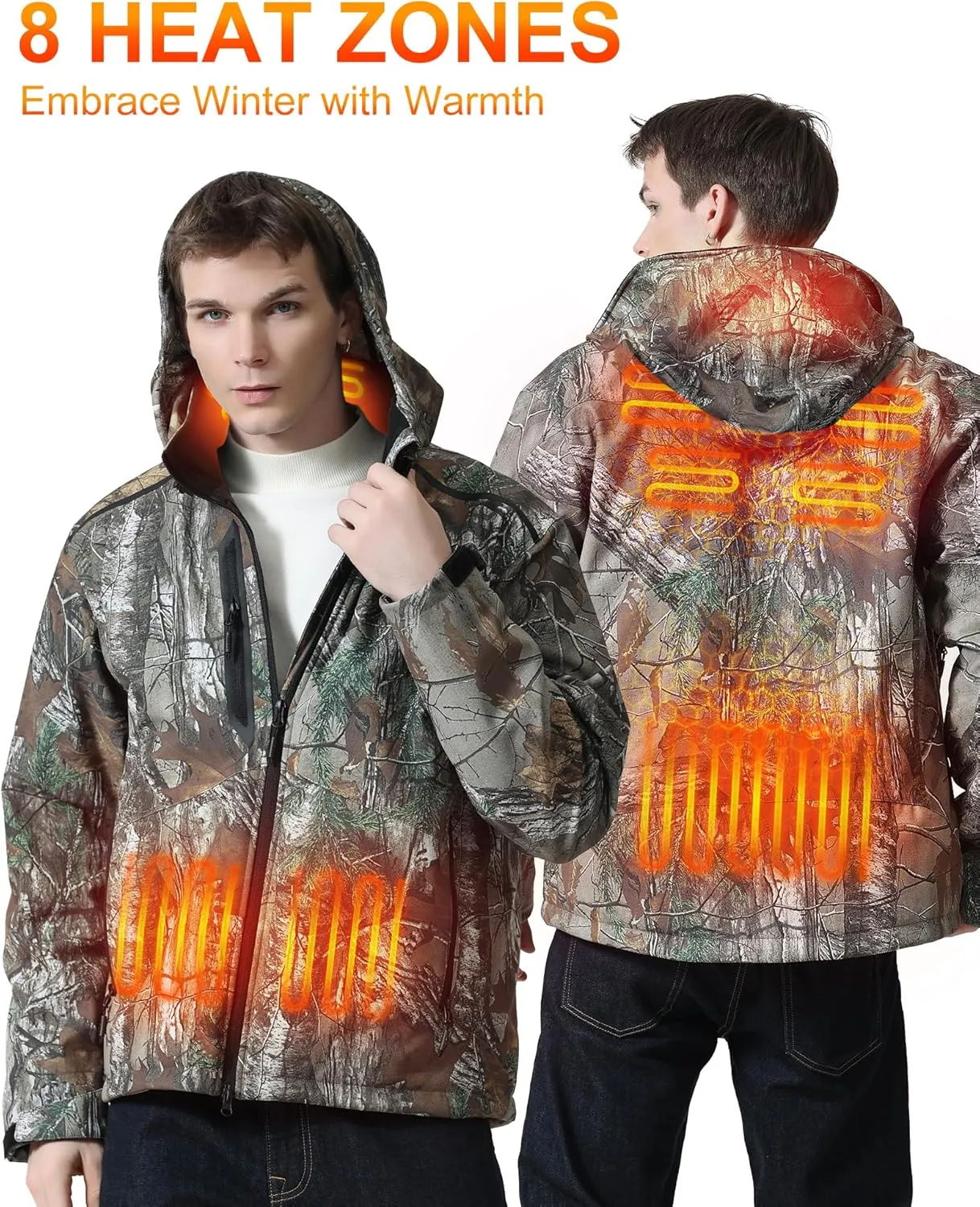 MIDIAN Heated Jacket with Battery Pack Down Insulation 8 Heat Zones Soft Shell Foldable Hood Overheat Protection