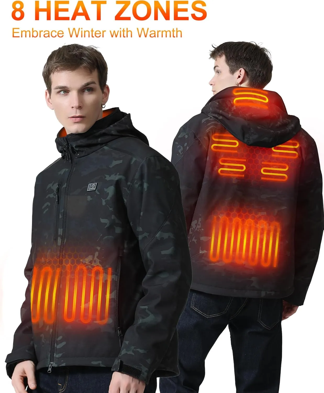 MIDIAN Heated Jacket with Battery Pack Down Insulation 8 Heat Zones Soft Shell Foldable Hood Overheat Protection