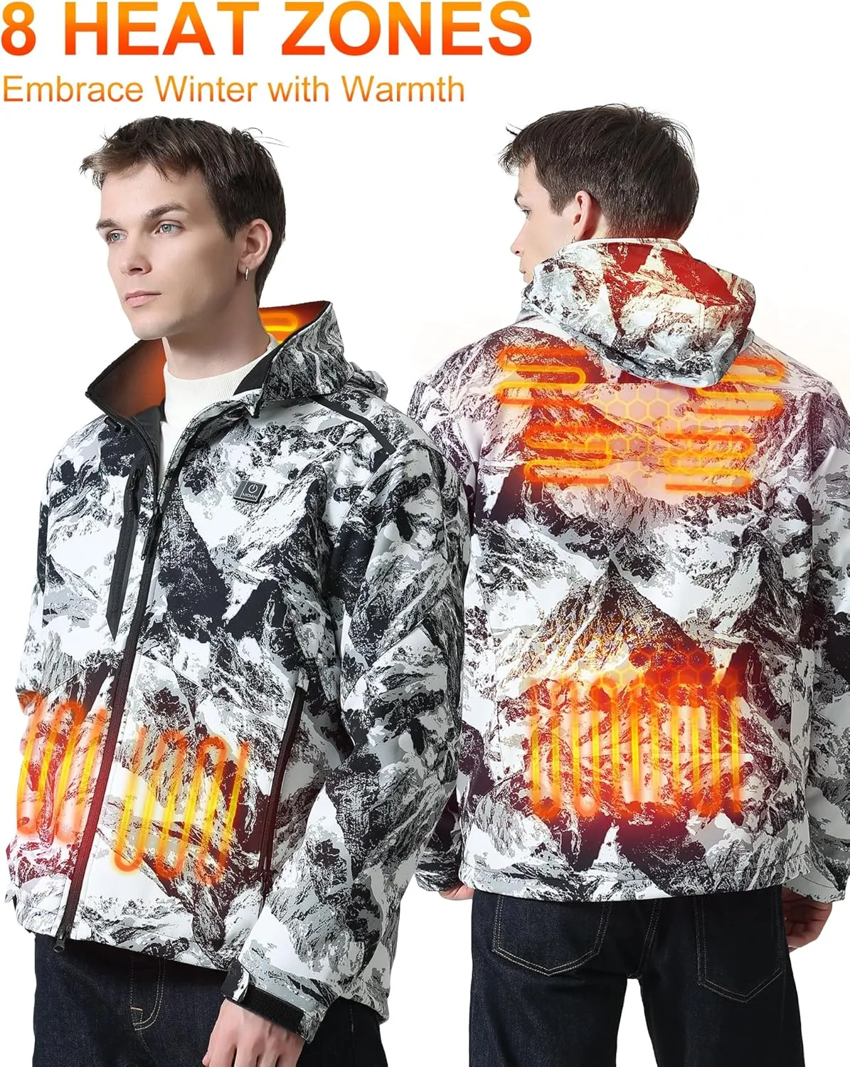 MIDIAN Heated Jacket with Battery Pack Down Insulation 8 Heat Zones Soft Shell Foldable Hood Overheat Protection