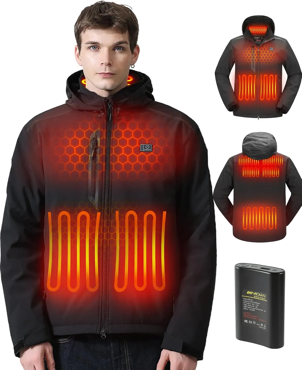 MIDIAN Heated Jacket with Battery Pack Down Insulation 8 Heat Zones Soft Shell Foldable Hood Overheat Protection