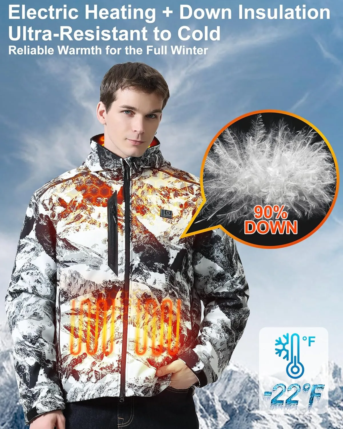 MIDIAN Heated Jacket with Battery Pack Down Insulation 8 Heat Zones Soft Shell Foldable Hood Overheat Protection