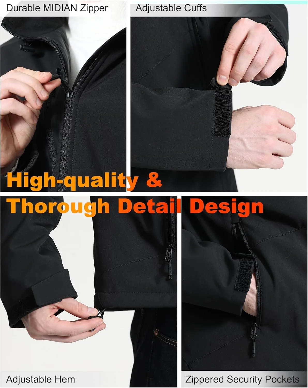 MIDIAN Heated Jacket with Battery Pack Down Insulation 8 Heat Zones Soft Shell Foldable Hood Overheat Protection