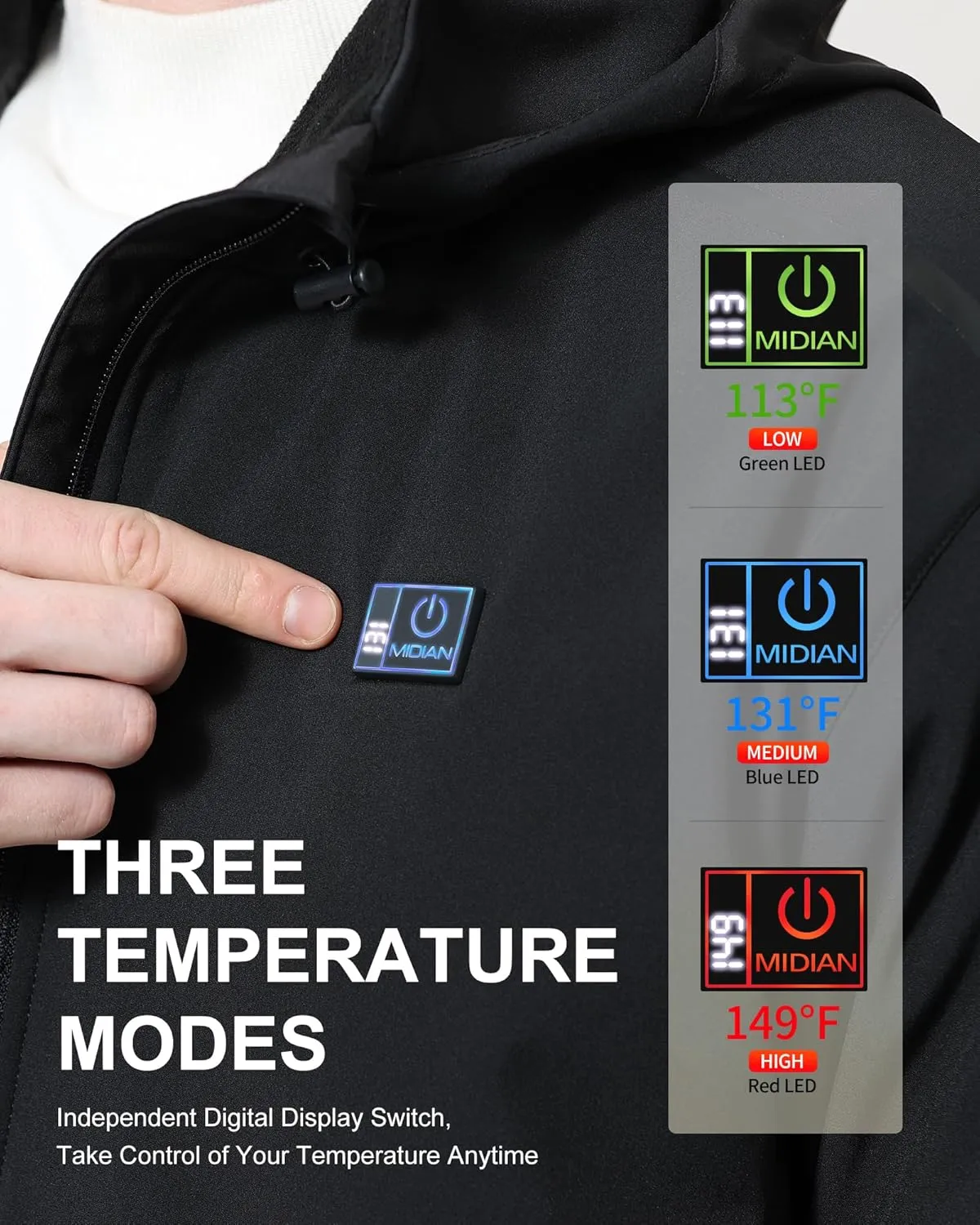 MIDIAN Heated Jacket with Battery Pack Down Insulation 8 Heat Zones Soft Shell Foldable Hood Overheat Protection