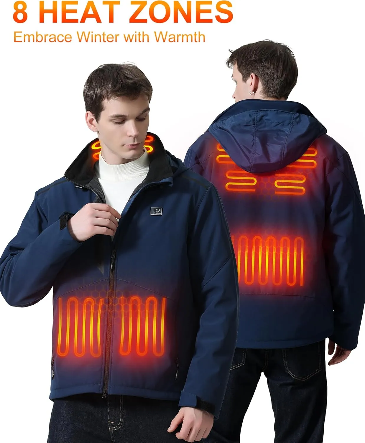 MIDIAN Heated Jacket with Battery Pack Down Insulation 8 Heat Zones Soft Shell Foldable Hood Overheat Protection