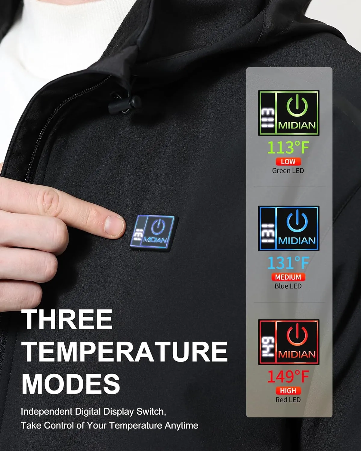 MIDIAN Heated Jacket with Battery Pack Down Insulation 8 Heat Zones Soft Shell Foldable Hood Overheat Protection