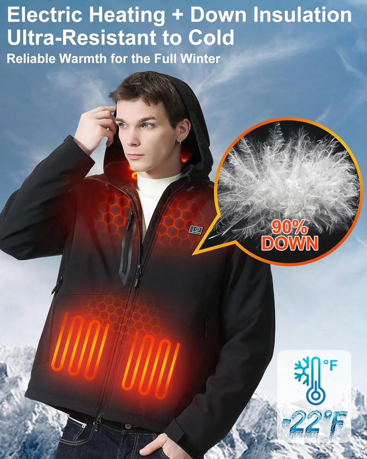 MIDIAN Heated Jacket with Battery Pack Down Insulation 8 Heat Zones Soft Shell Foldable Hood Overheat Protection