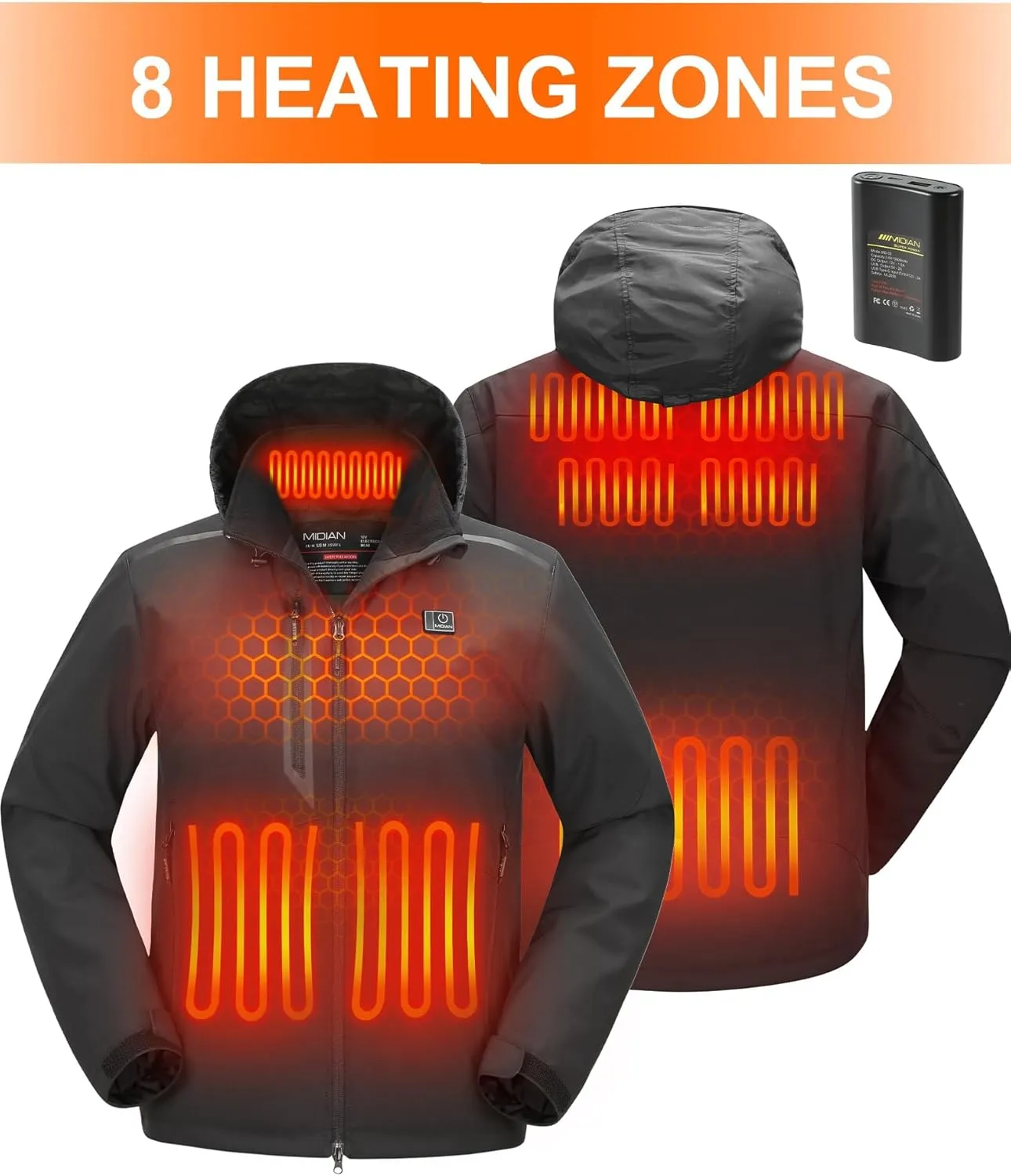 MIDIAN Heated Jacket with Battery Pack Down Insulation 8 Heat Zones Soft Shell Foldable Hood Overheat Protection
