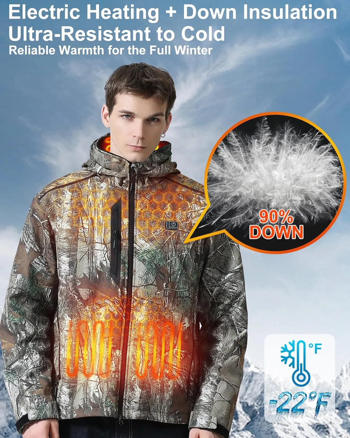 MIDIAN Heated Jacket with Battery Pack Down Insulation 8 Heat Zones Soft Shell Foldable Hood Overheat Protection