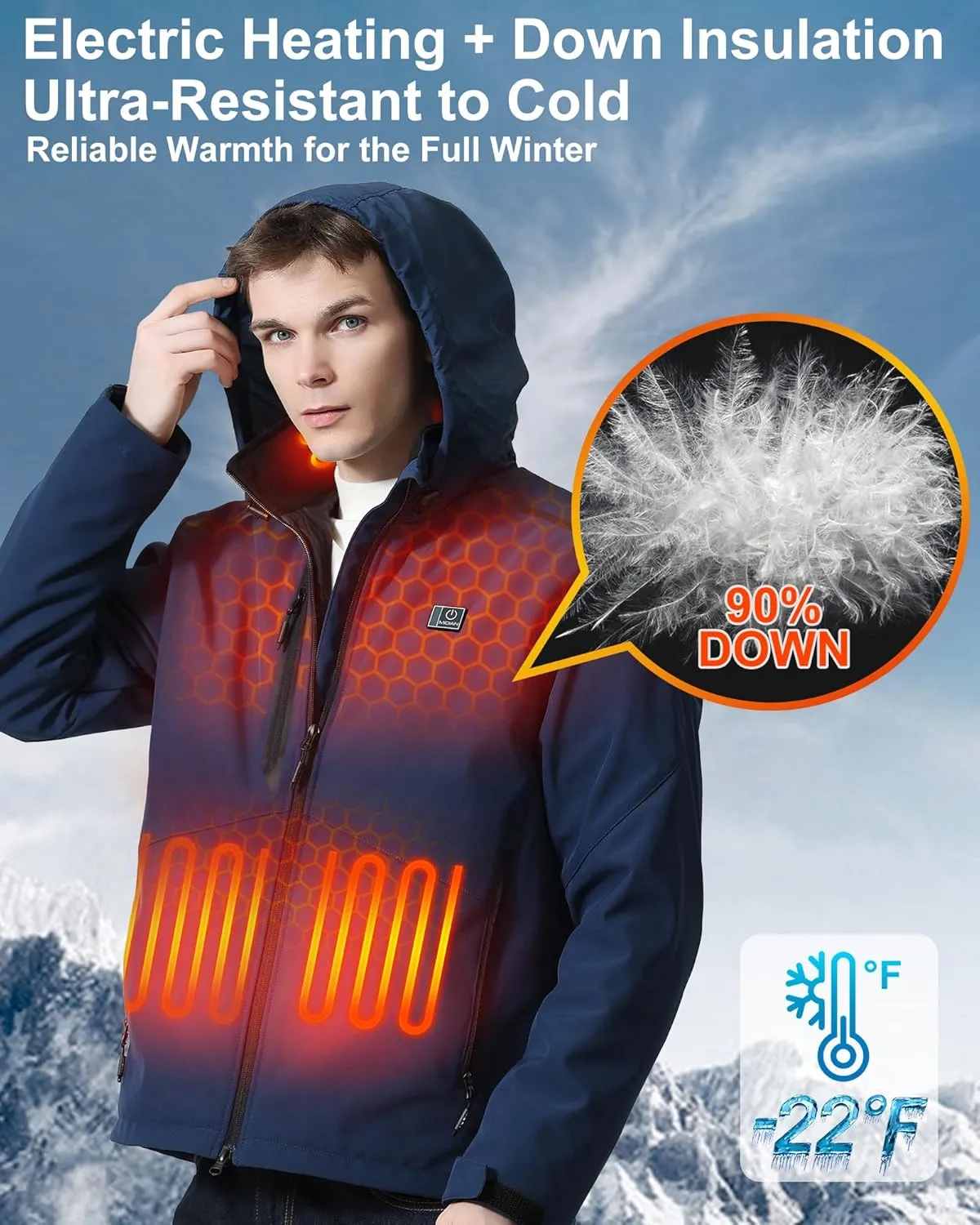 MIDIAN Heated Jacket with Battery Pack Down Insulation 8 Heat Zones Soft Shell Foldable Hood Overheat Protection