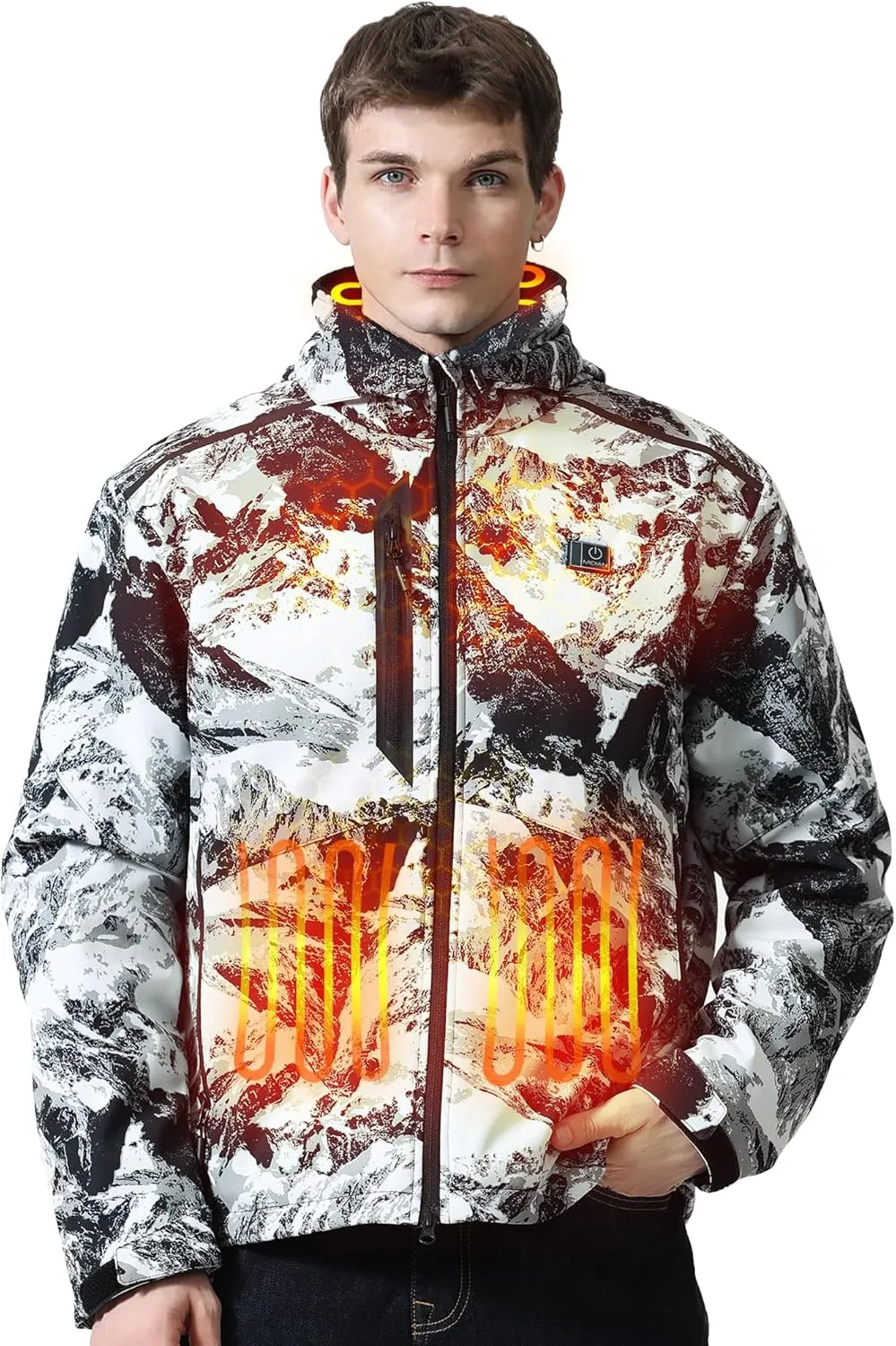 MIDIAN Heated Jacket with Battery Pack Down Insulation 8 Heat Zones Soft Shell Foldable Hood Overheat Protection