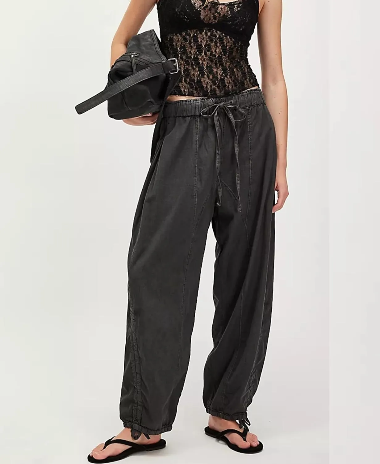 MISSACTIVER Elastic Waist Wide Leg Pants Woman Flowy Drawstring Palazzo Harem Pants with Pockets Y2k Loose Trousers