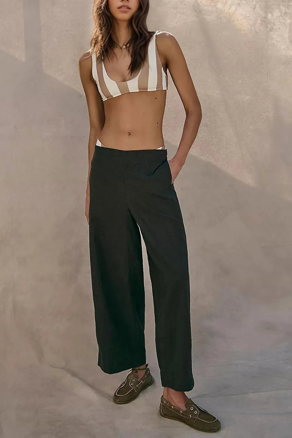 MISSACTIVER Womens Linen Wide Leg Trousers Summer Elastic Waist Palazzo Pants Casual Lounge Pants with Pockets