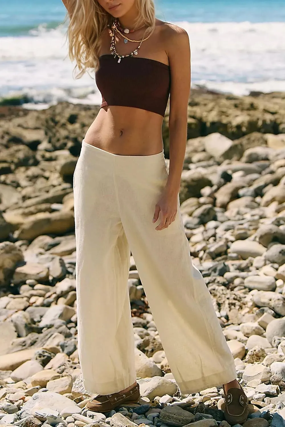 MISSACTIVER Womens Linen Wide Leg Trousers Summer Elastic Waist Palazzo Pants Casual Lounge Pants with Pockets