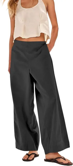 MISSACTIVER Womens Linen Wide Leg Trousers Summer Elastic Waist Palazzo Pants Casual Lounge Pants with Pockets