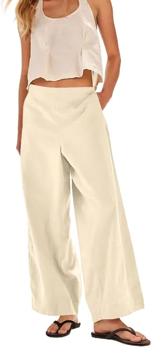 MISSACTIVER Womens Linen Wide Leg Trousers Summer Elastic Waist Palazzo Pants Casual Lounge Pants with Pockets