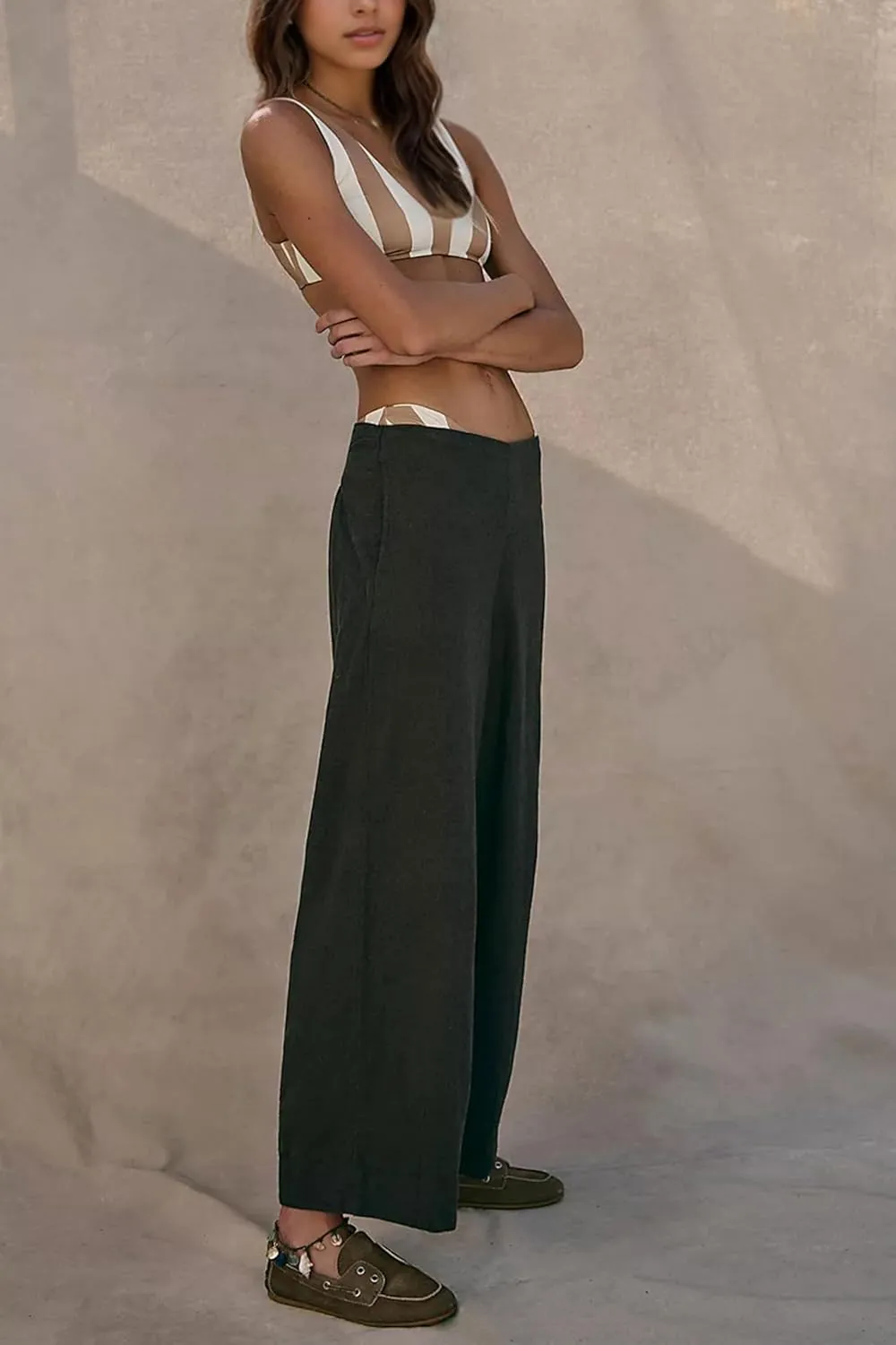 MISSACTIVER Womens Linen Wide Leg Trousers Summer Elastic Waist Palazzo Pants Casual Lounge Pants with Pockets