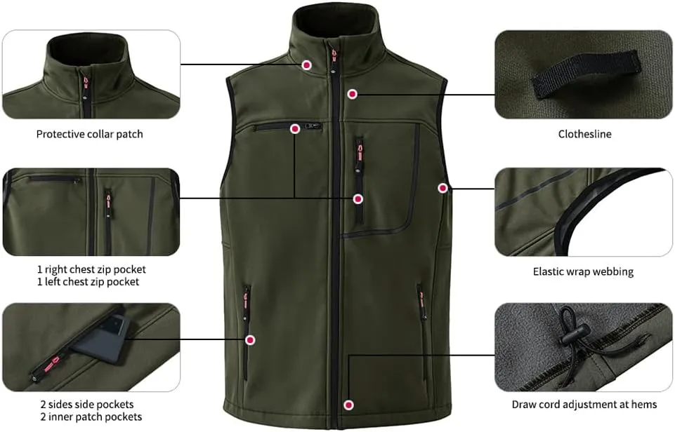 MoFiz Men's Vest Outerwear,Vest for men,Full Zip Fleece Lined Light Softshell Windproof Sleeveless Jacket for Hiking Golf