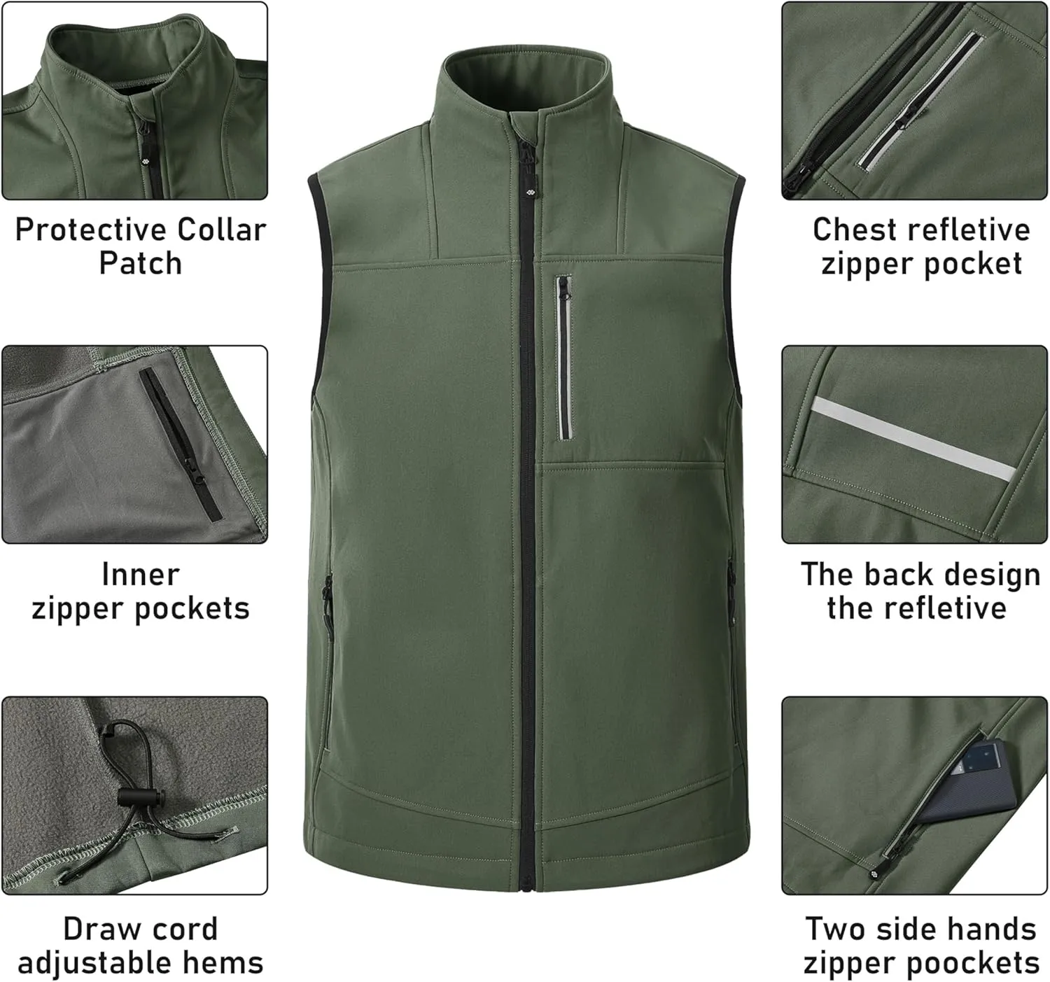 MoFiz Men's Vest Outerwear,Vest for men,Full Zip Fleece Lined Light Softshell Windproof Sleeveless Jacket for Hiking Golf