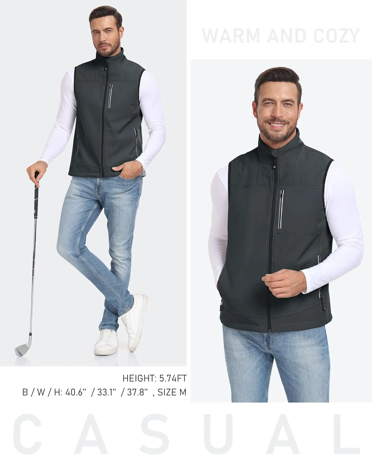 MoFiz Men's Vest Outerwear,Vest for men,Full Zip Fleece Lined Light Softshell Windproof Sleeveless Jacket for Hiking Golf