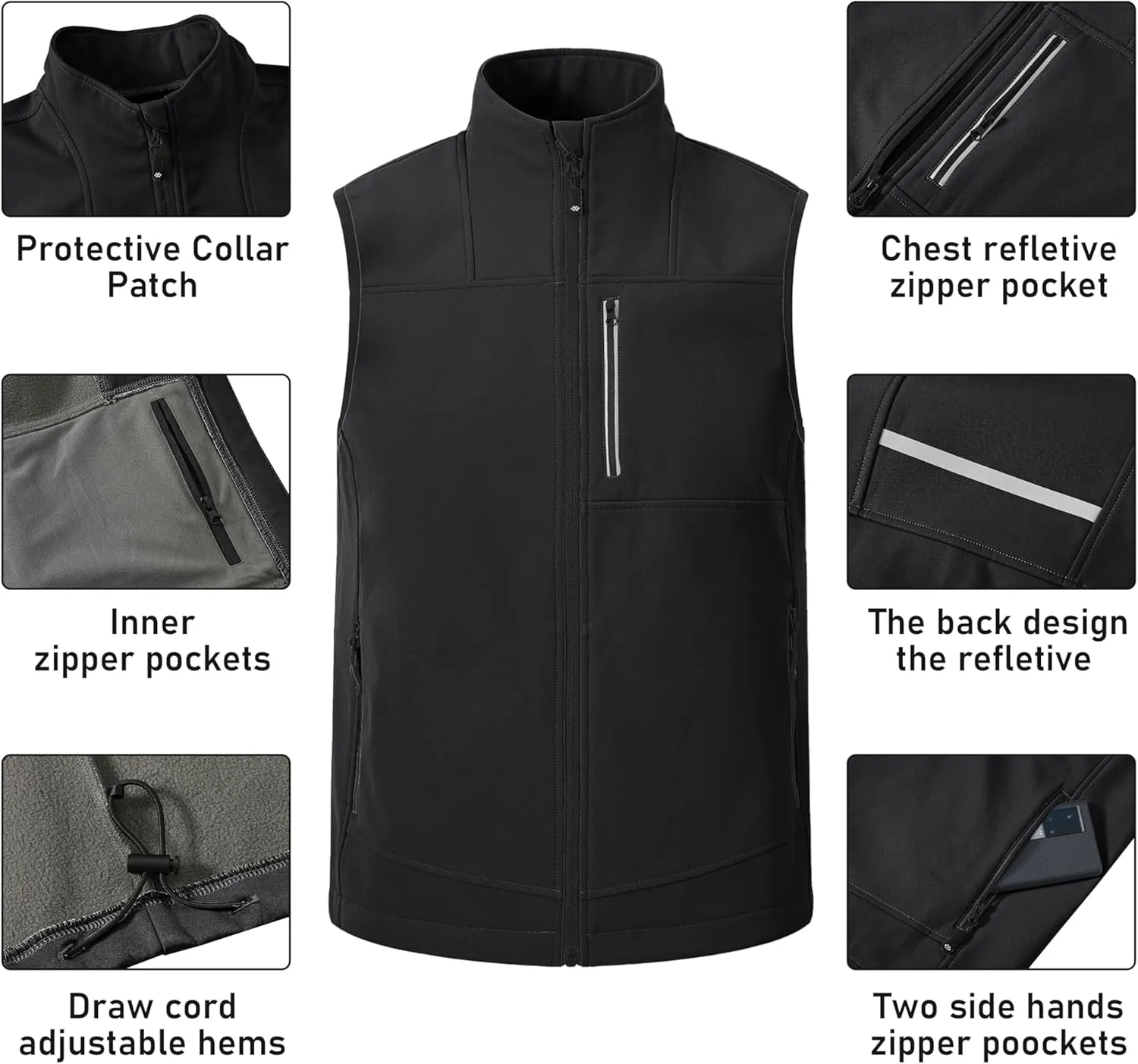 MoFiz Men's Vest Outerwear,Vest for men,Full Zip Fleece Lined Light Softshell Windproof Sleeveless Jacket for Hiking Golf