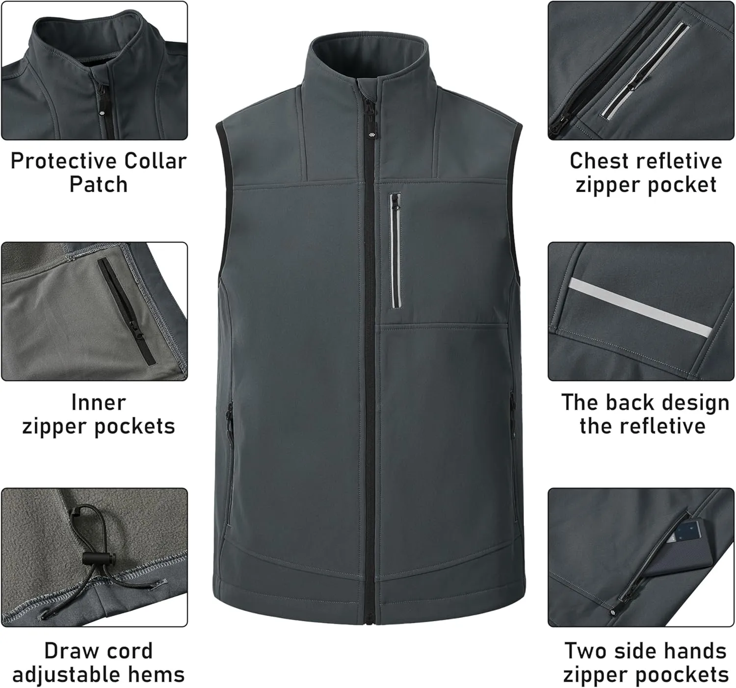 MoFiz Men's Vest Outerwear,Vest for men,Full Zip Fleece Lined Light Softshell Windproof Sleeveless Jacket for Hiking Golf