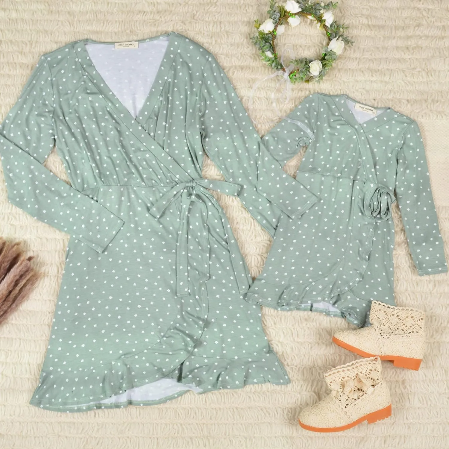 Mommy and Me Dresses - Family Matching Outfits Soft Jersey Pocket Wrap Dress Cute Print for Family Photoshoot, Gifts for Mom