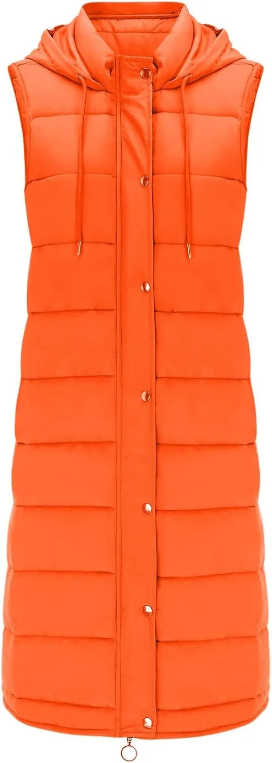 Muyise Women's Long Quilted Down Vest Sleeveless Hooded Jacket Winter Warm Padded Coat Outdoor Puffer Outerwear with Pockets