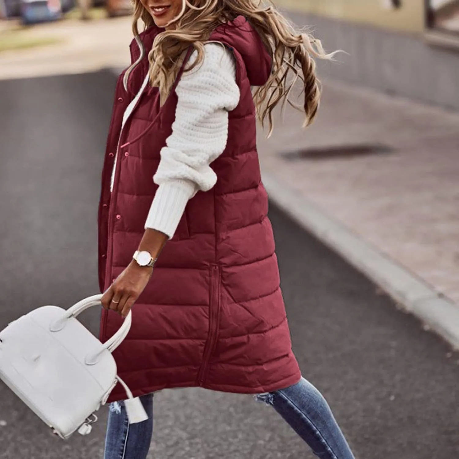 Muyise Women's Long Quilted Down Vest Sleeveless Hooded Jacket Winter Warm Padded Coat Outdoor Puffer Outerwear with Pockets