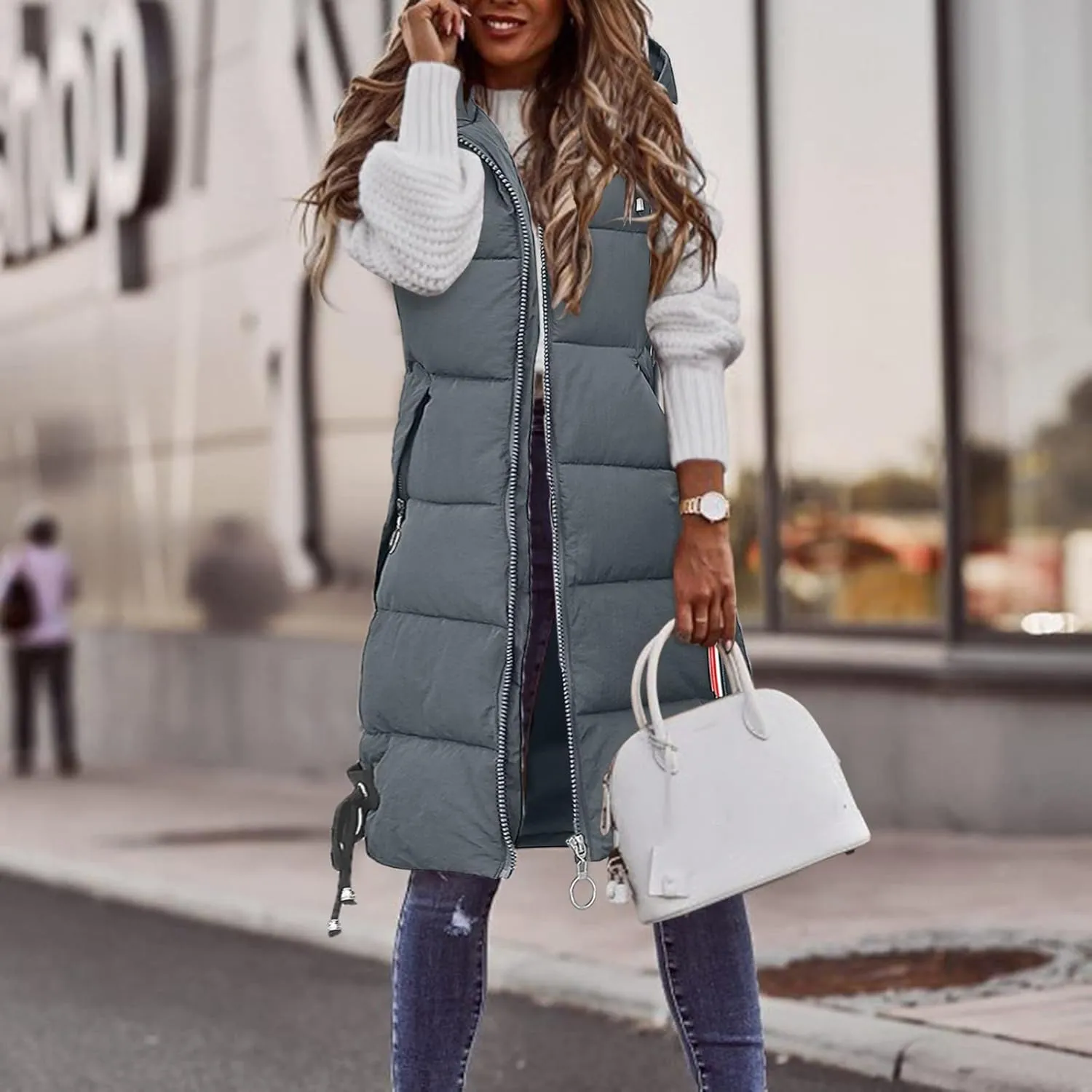 Muyise Women's Long Quilted Down Vest Sleeveless Hooded Jacket Winter Warm Padded Coat Outdoor Puffer Outerwear with Pockets