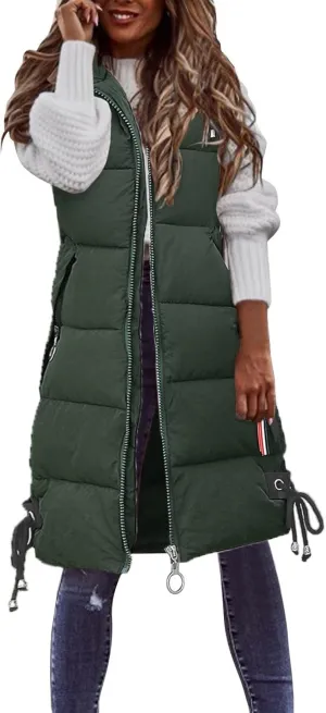 Muyise Women's Long Quilted Down Vest Sleeveless Hooded Jacket Winter Warm Padded Coat Outdoor Puffer Outerwear with Pockets