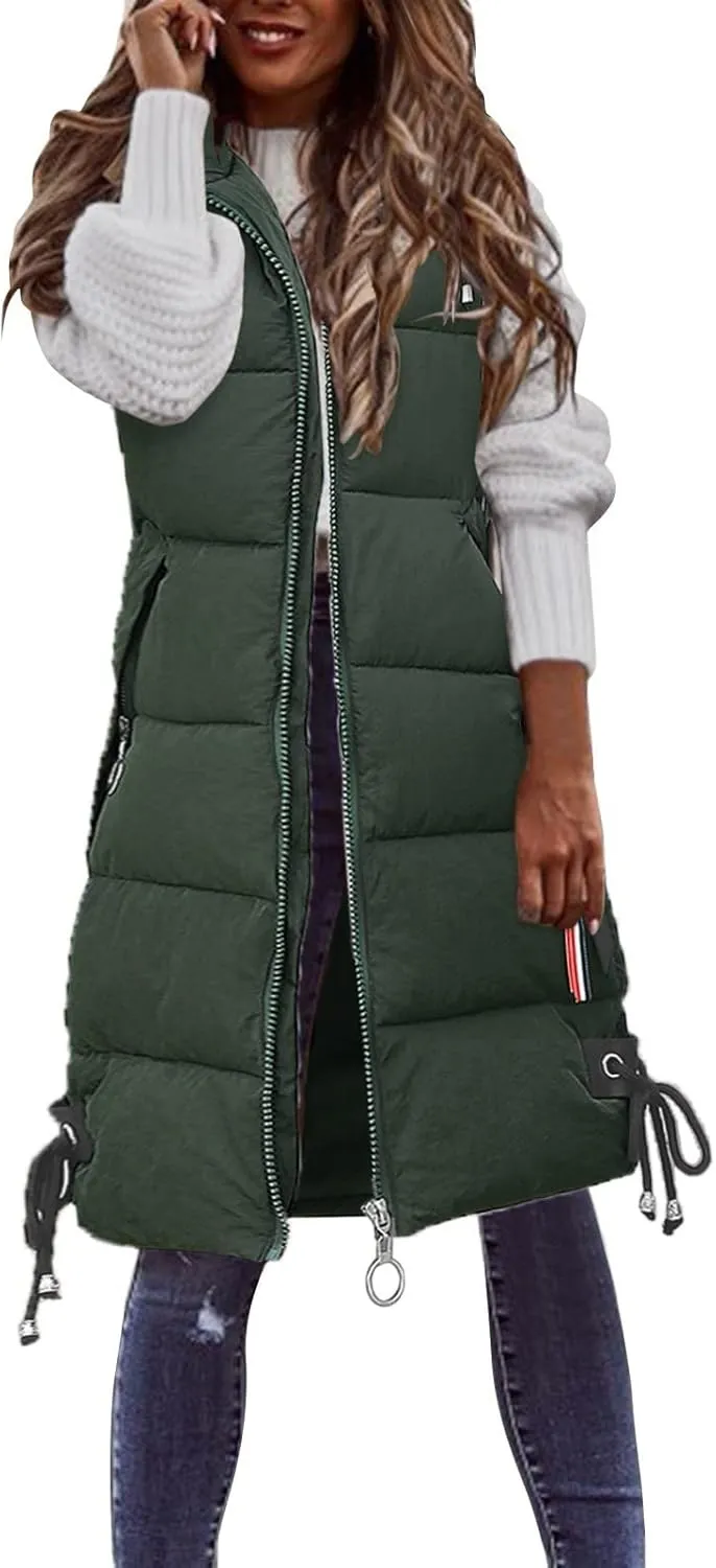 Muyise Women's Long Quilted Down Vest Sleeveless Hooded Jacket Winter Warm Padded Coat Outdoor Puffer Outerwear with Pockets