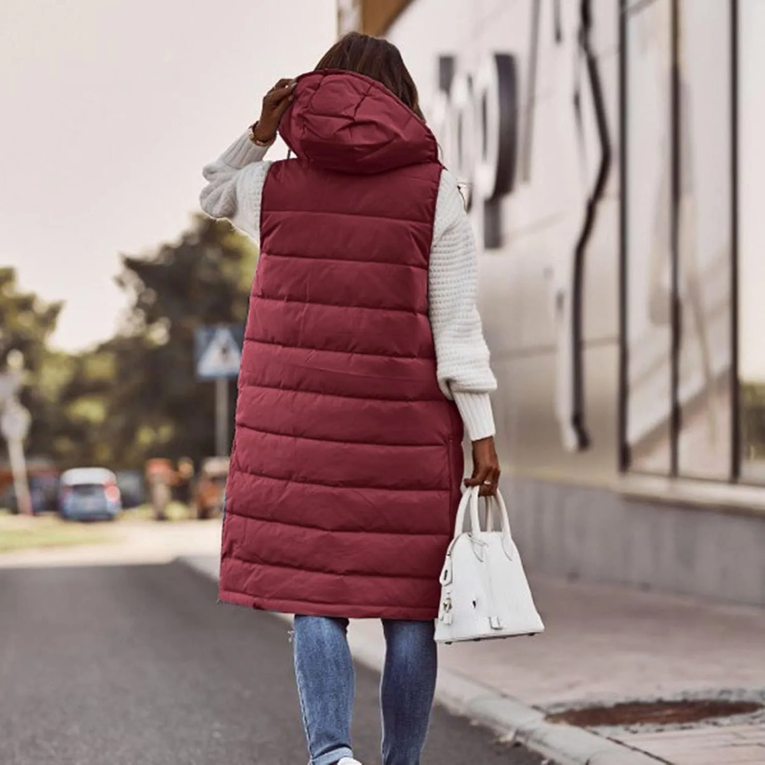 Muyise Women's Long Quilted Down Vest Sleeveless Hooded Jacket Winter Warm Padded Coat Outdoor Puffer Outerwear with Pockets