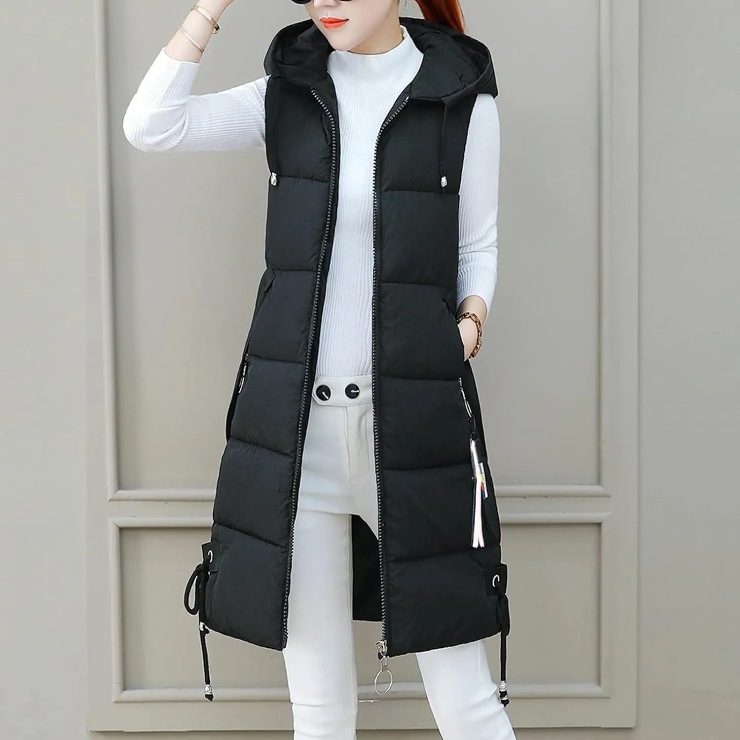 Muyise Women's Long Quilted Down Vest Sleeveless Hooded Jacket Winter Warm Padded Coat Outdoor Puffer Outerwear with Pockets