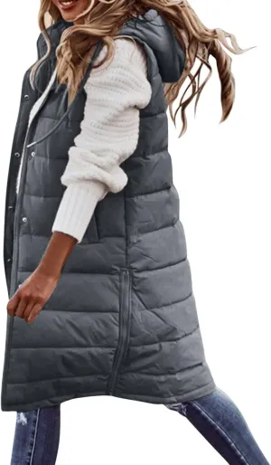 Muyise Women's Long Quilted Down Vest Sleeveless Hooded Jacket Winter Warm Padded Coat Outdoor Puffer Outerwear with Pockets