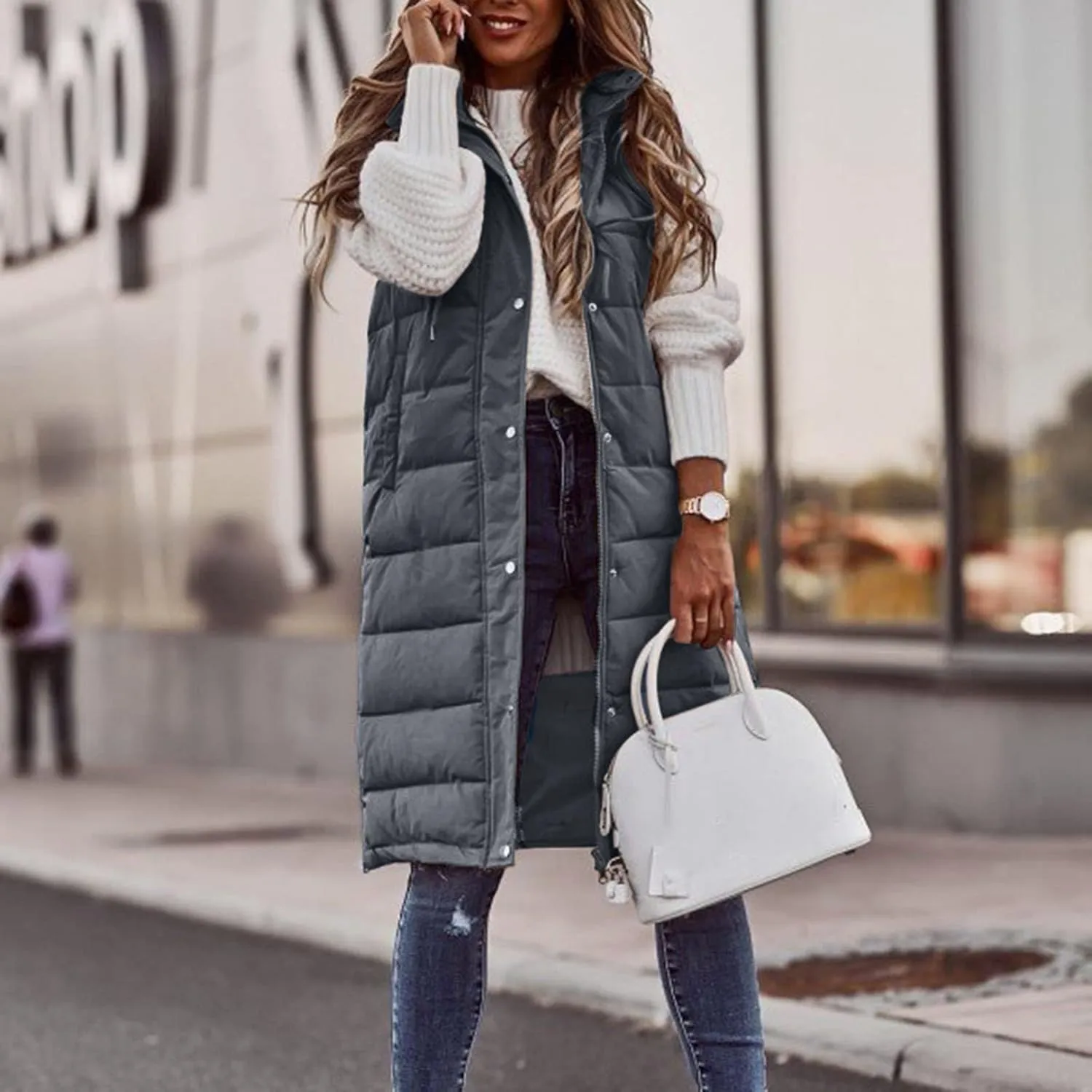 Muyise Women's Long Quilted Down Vest Sleeveless Hooded Jacket Winter Warm Padded Coat Outdoor Puffer Outerwear with Pockets