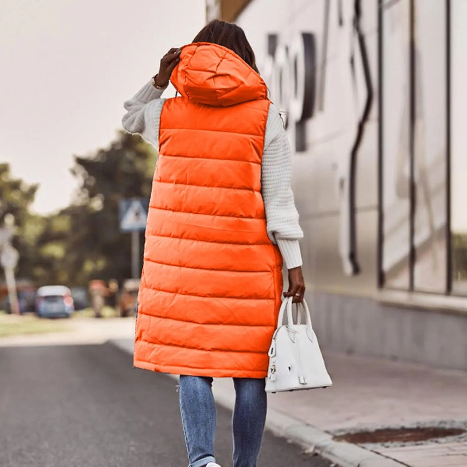 Muyise Women's Long Quilted Down Vest Sleeveless Hooded Jacket Winter Warm Padded Coat Outdoor Puffer Outerwear with Pockets
