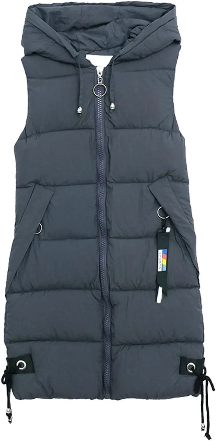 Muyise Women's Long Quilted Down Vest Sleeveless Hooded Jacket Winter Warm Padded Coat Outdoor Puffer Outerwear with Pockets