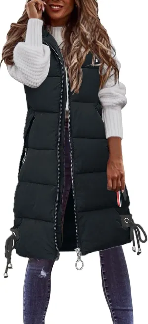 Muyise Women's Long Quilted Down Vest Sleeveless Hooded Jacket Winter Warm Padded Coat Outdoor Puffer Outerwear with Pockets