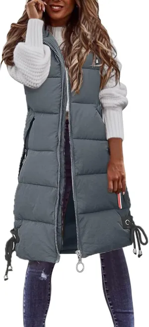 Muyise Women's Long Quilted Down Vest Sleeveless Hooded Jacket Winter Warm Padded Coat Outdoor Puffer Outerwear with Pockets