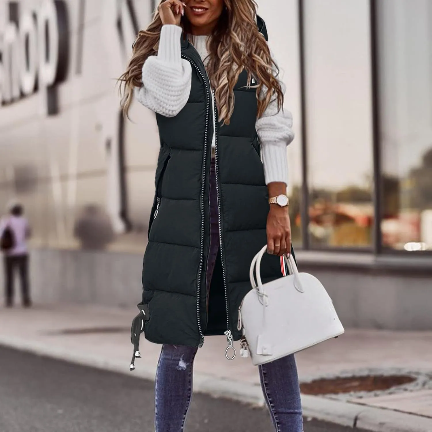 Muyise Women's Long Quilted Down Vest Sleeveless Hooded Jacket Winter Warm Padded Coat Outdoor Puffer Outerwear with Pockets