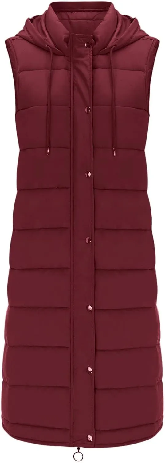 Muyise Women's Long Quilted Down Vest Sleeveless Hooded Jacket Winter Warm Padded Coat Outdoor Puffer Outerwear with Pockets