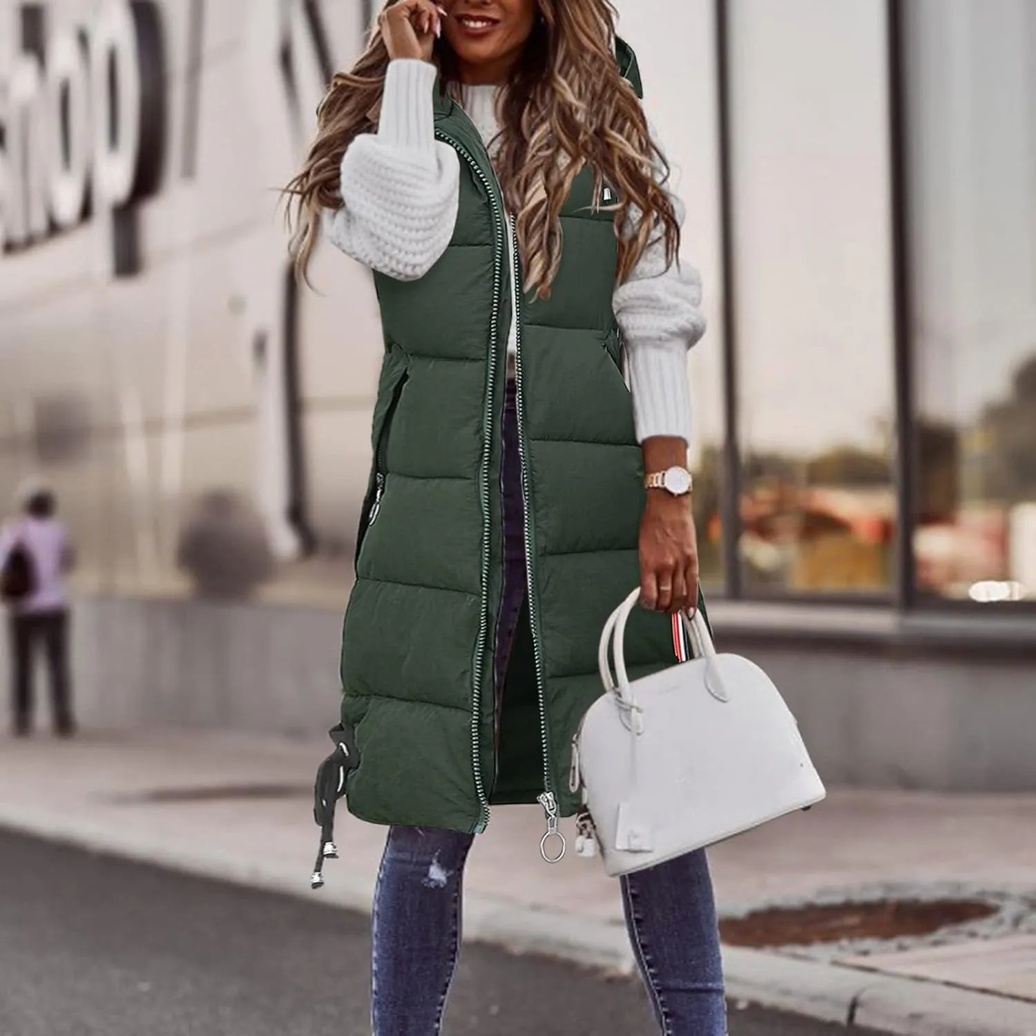 Muyise Women's Long Quilted Down Vest Sleeveless Hooded Jacket Winter Warm Padded Coat Outdoor Puffer Outerwear with Pockets