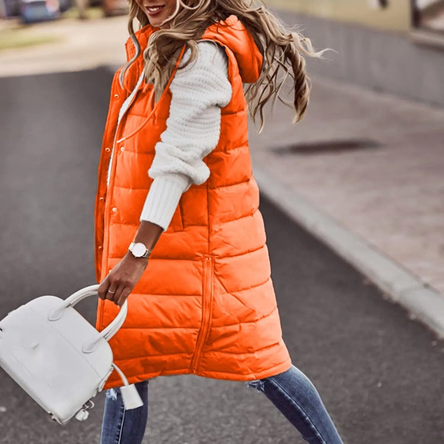 Muyise Women's Long Quilted Down Vest Sleeveless Hooded Jacket Winter Warm Padded Coat Outdoor Puffer Outerwear with Pockets
