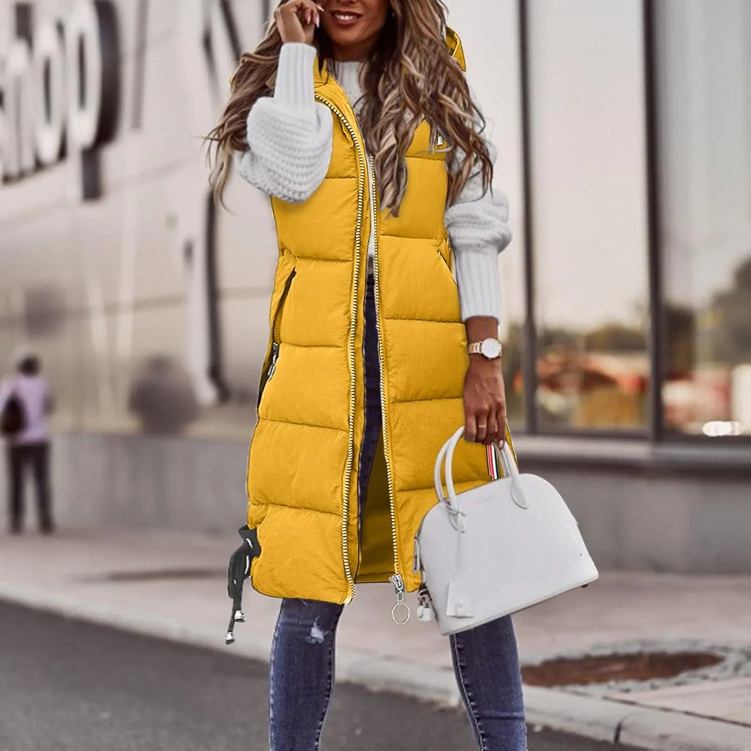 Muyise Women's Long Quilted Down Vest Sleeveless Hooded Jacket Winter Warm Padded Coat Outdoor Puffer Outerwear with Pockets