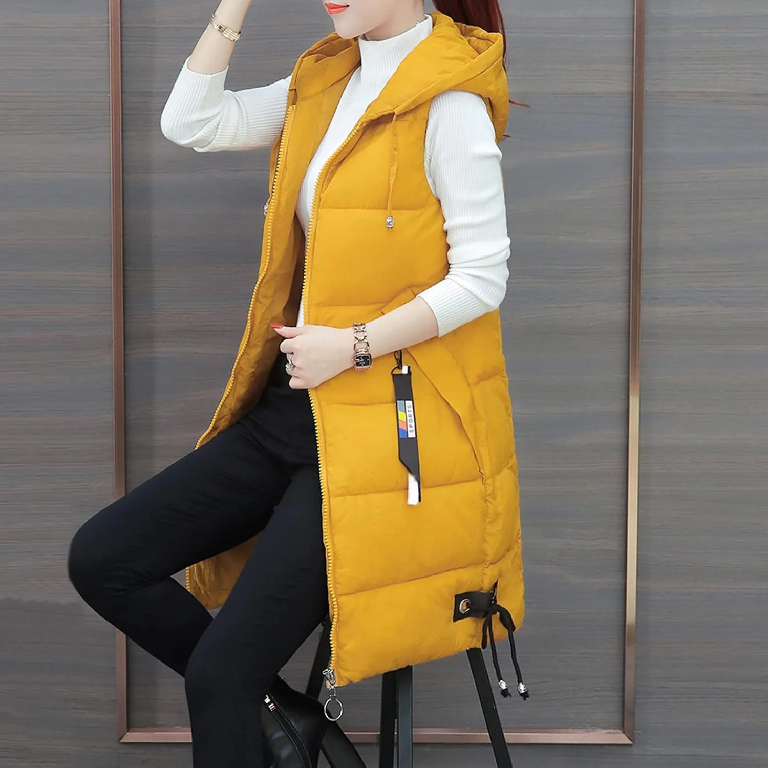 Muyise Women's Long Quilted Down Vest Sleeveless Hooded Jacket Winter Warm Padded Coat Outdoor Puffer Outerwear with Pockets