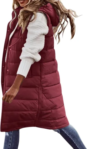 Muyise Women's Long Quilted Down Vest Sleeveless Hooded Jacket Winter Warm Padded Coat Outdoor Puffer Outerwear with Pockets