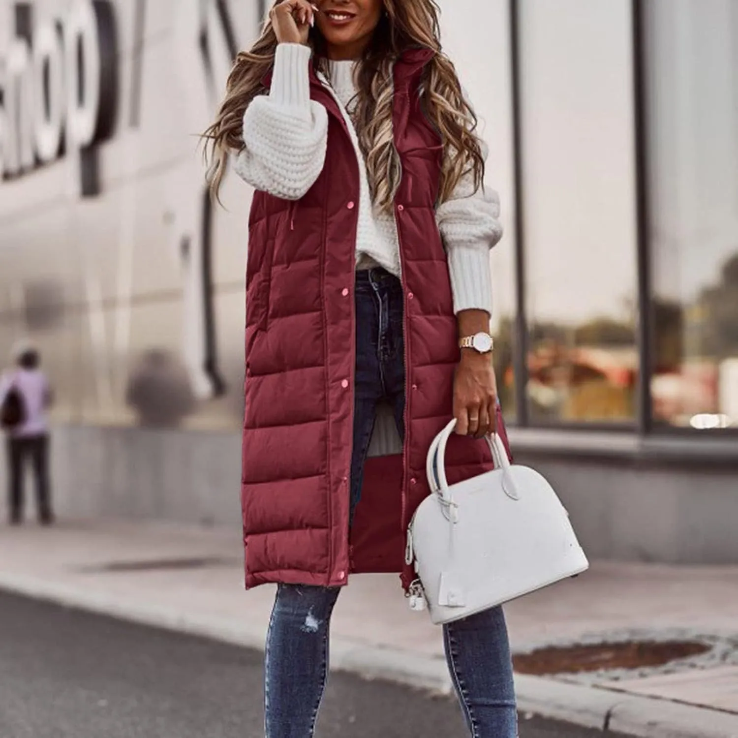 Muyise Women's Long Quilted Down Vest Sleeveless Hooded Jacket Winter Warm Padded Coat Outdoor Puffer Outerwear with Pockets