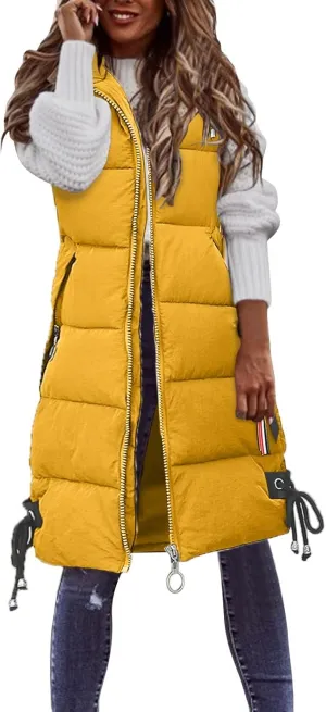 Muyise Women's Long Quilted Down Vest Sleeveless Hooded Jacket Winter Warm Padded Coat Outdoor Puffer Outerwear with Pockets